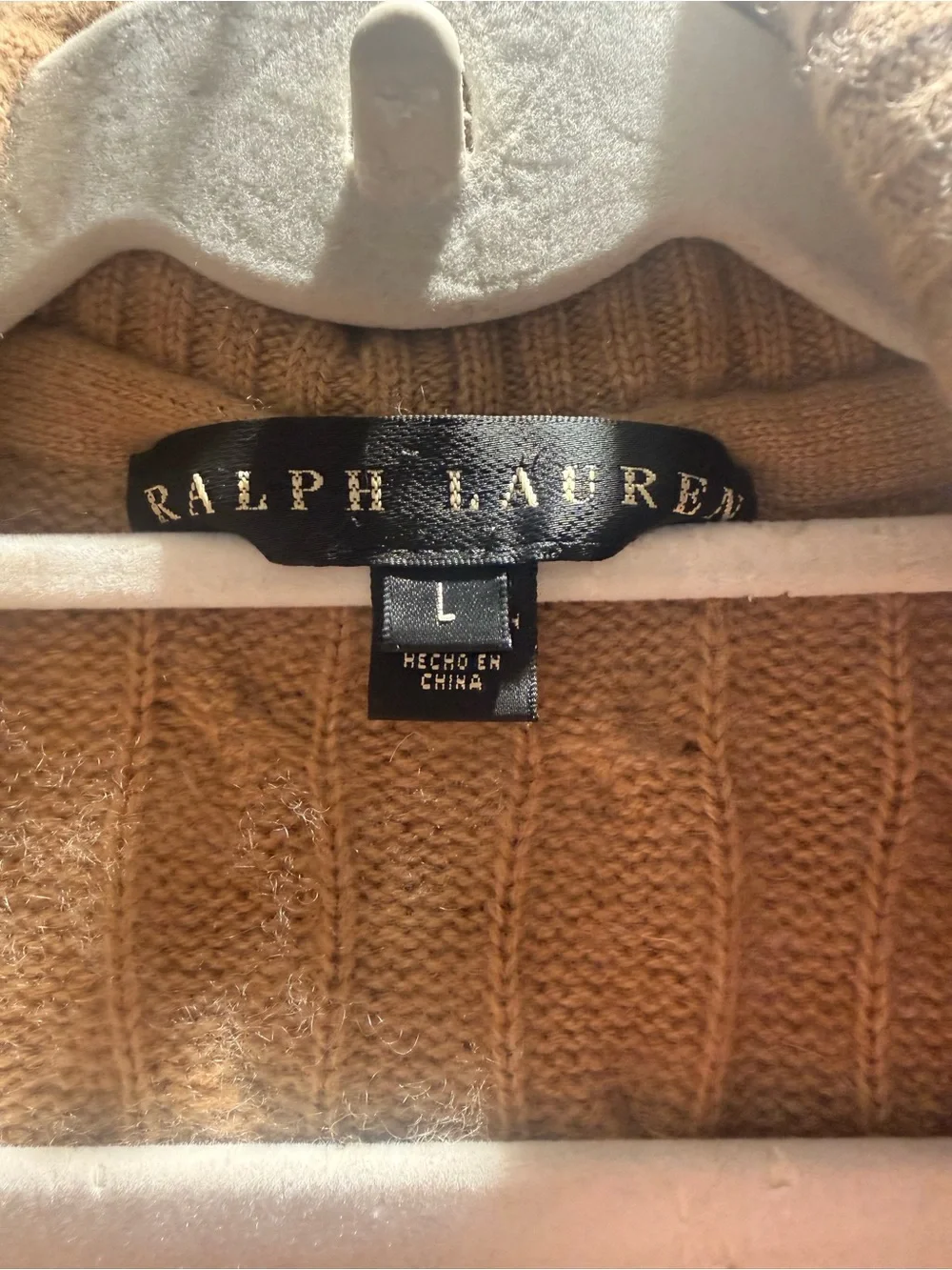 Ralph Lauren Tan Cashmere Cable-Knit Shawl Collar Cardigan with Buckle Tabs
